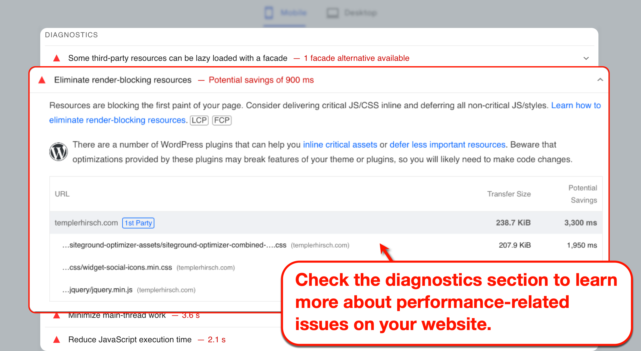 PageSpeed Insights Diagnostics Section